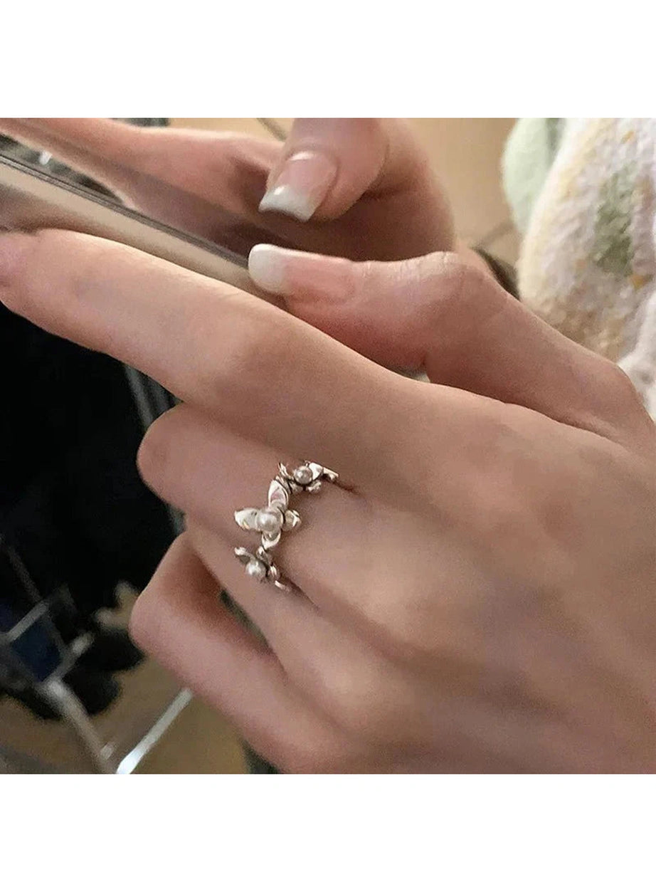 Y2k Flower Pearl Adjustable Ring