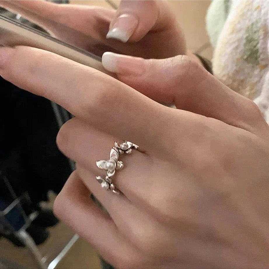 Y2k Flower Pearl Adjustable Ring