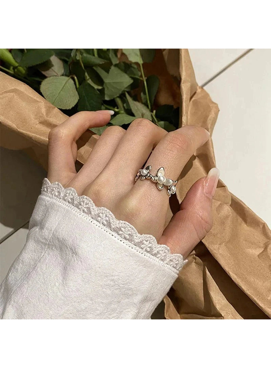 Y2k Flower Pearl Adjustable Ring