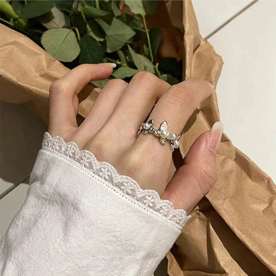 Y2k Flower Pearl Adjustable Ring