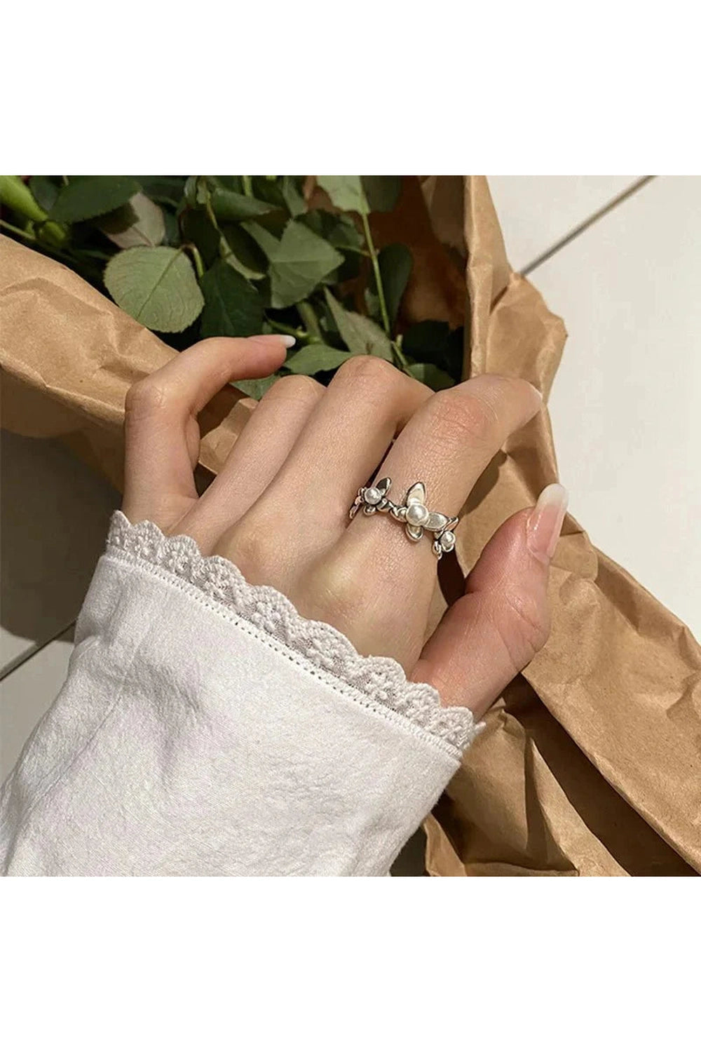 Y2k Flower Pearl Adjustable Ring