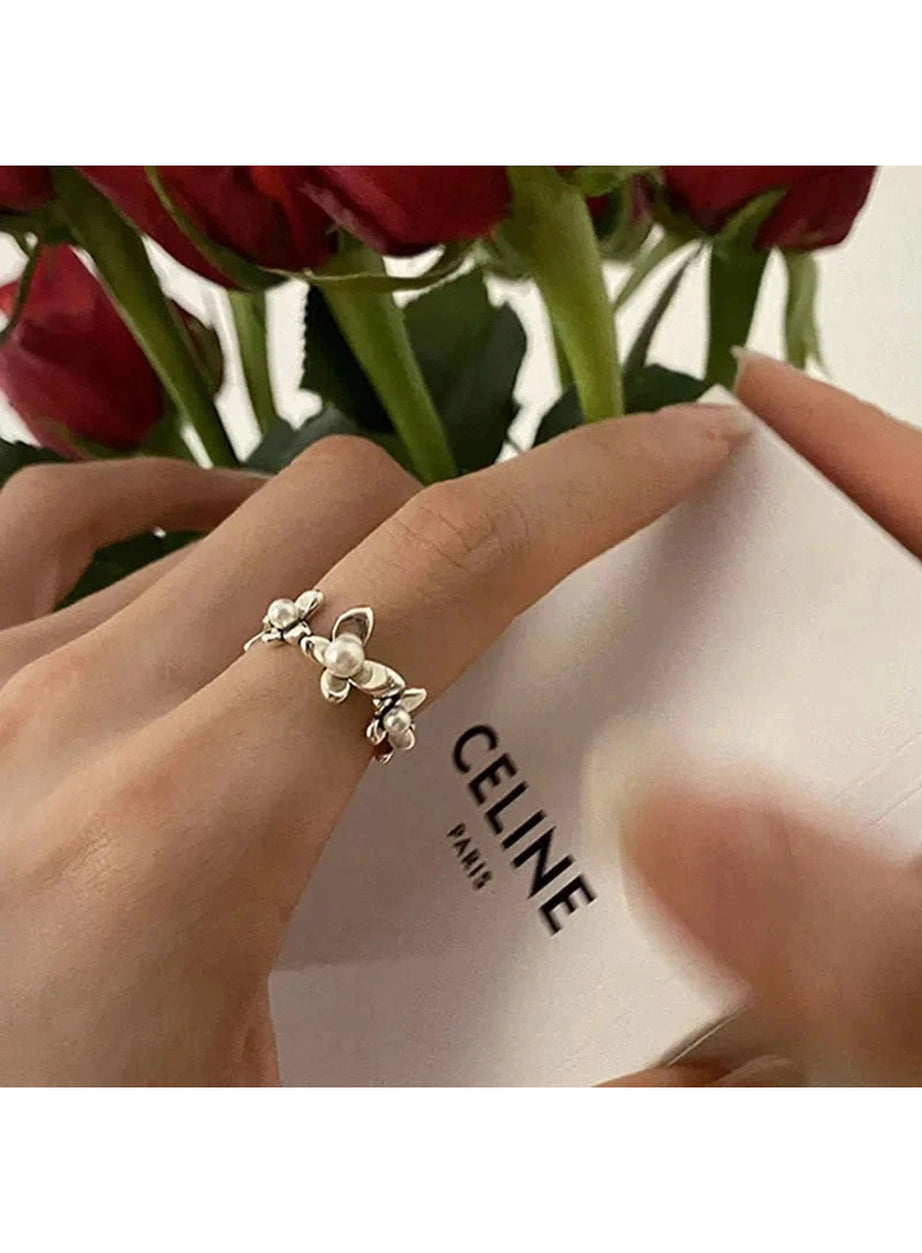 Y2k Flower Pearl Adjustable Ring