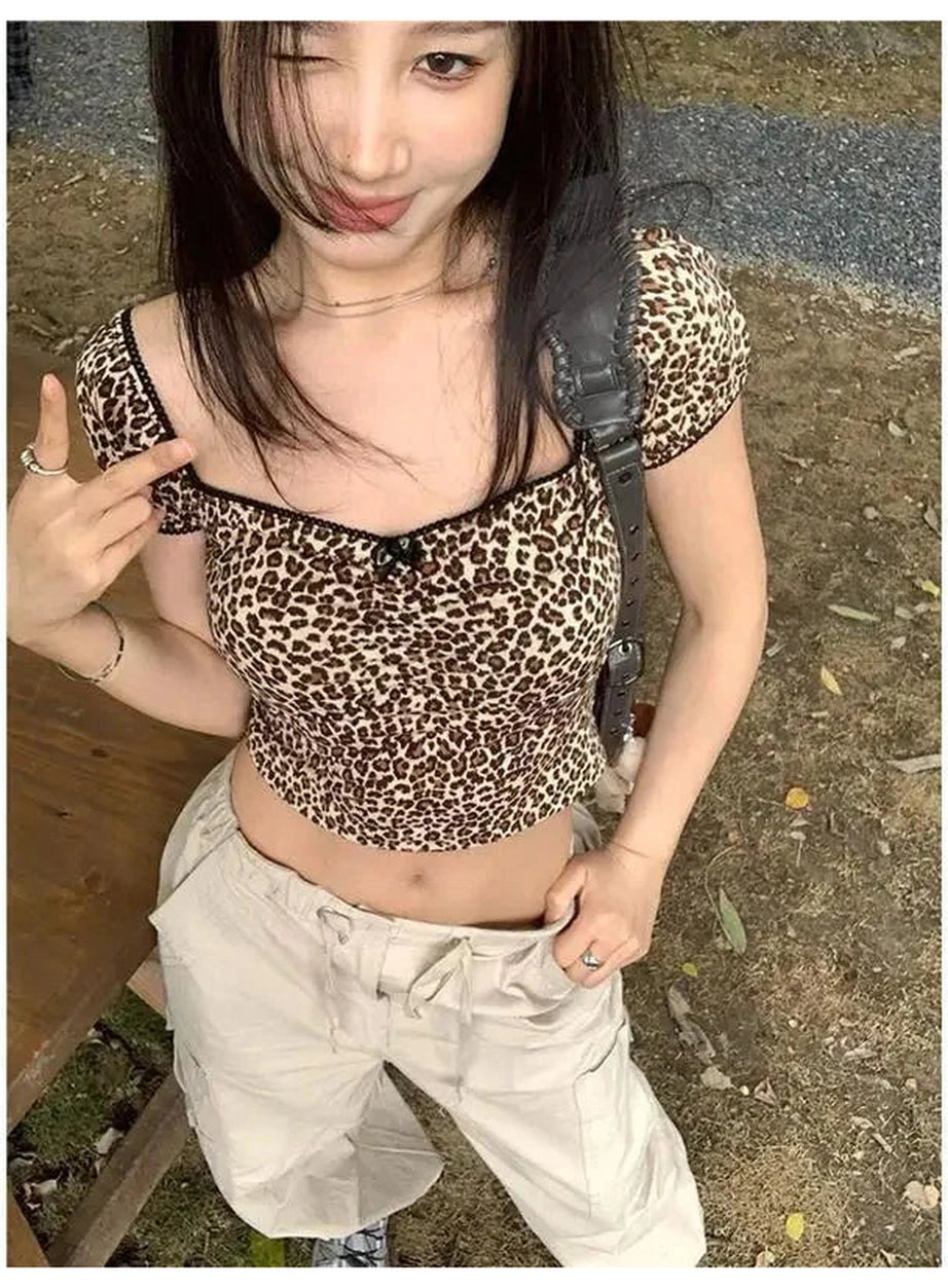 Y2k French Leopard Crop Top