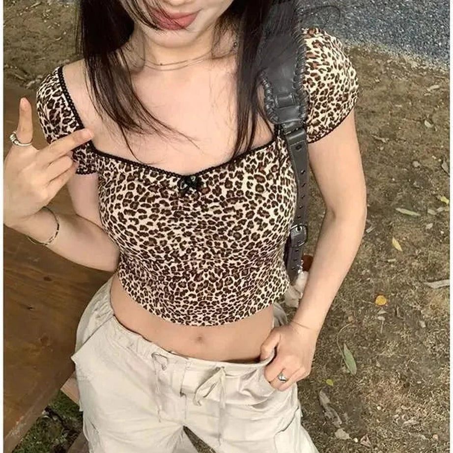 Y2k French Leopard Crop Top