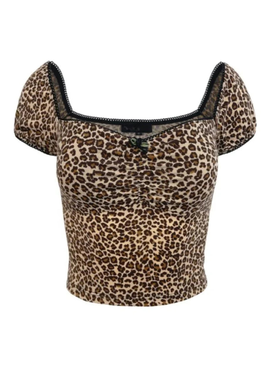 Y2k French Leopard Crop Top