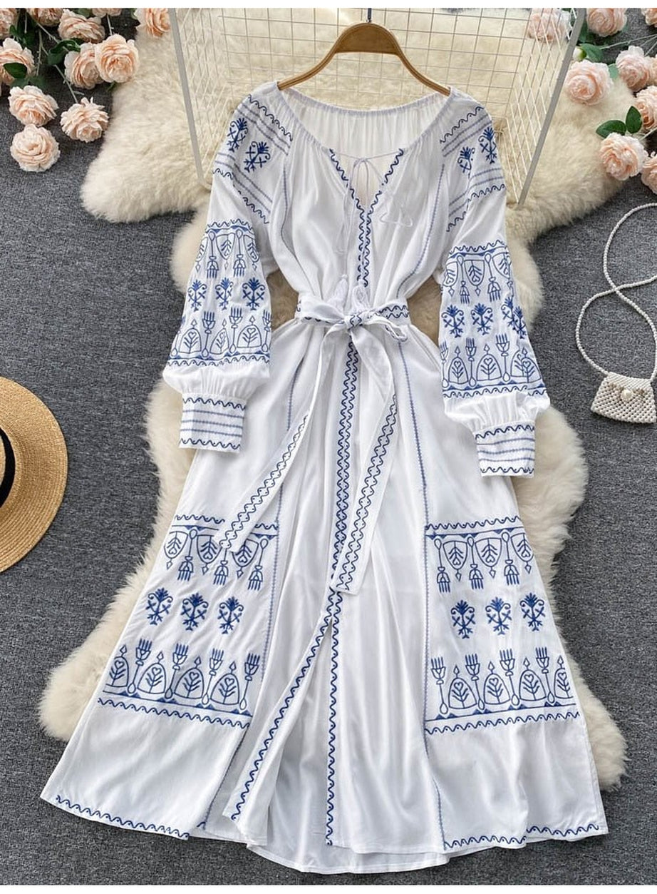 Y2k French Style Long Sleeve Embroidered Dress