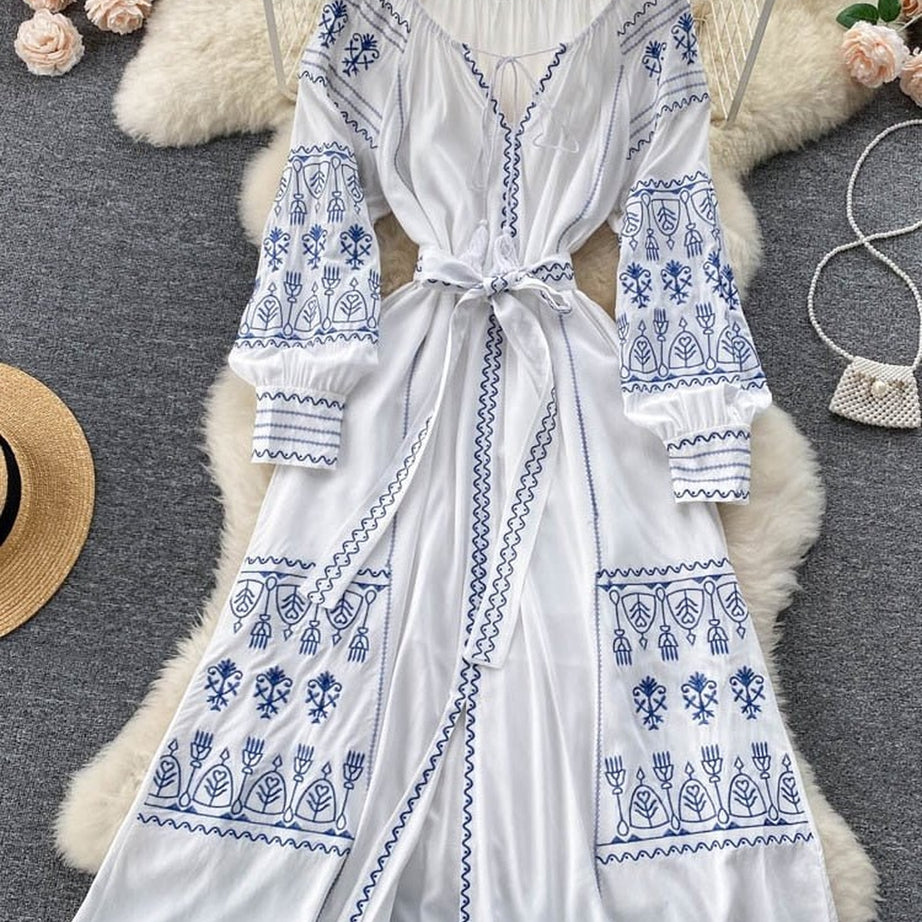 Y2k French Style Long Sleeve Embroidered Dress