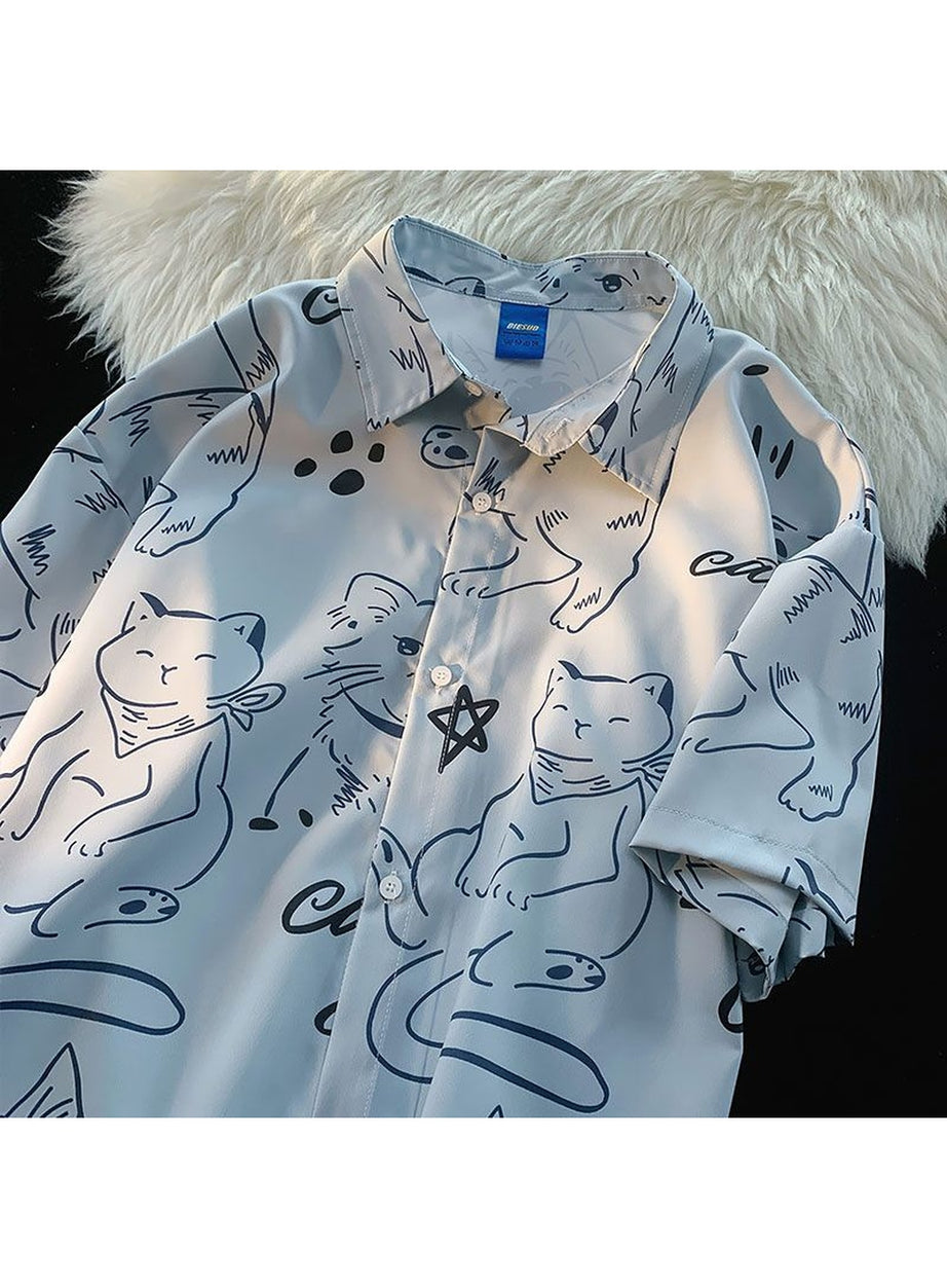 Y2k Fun Cartoon Cat Print Summer Shirt