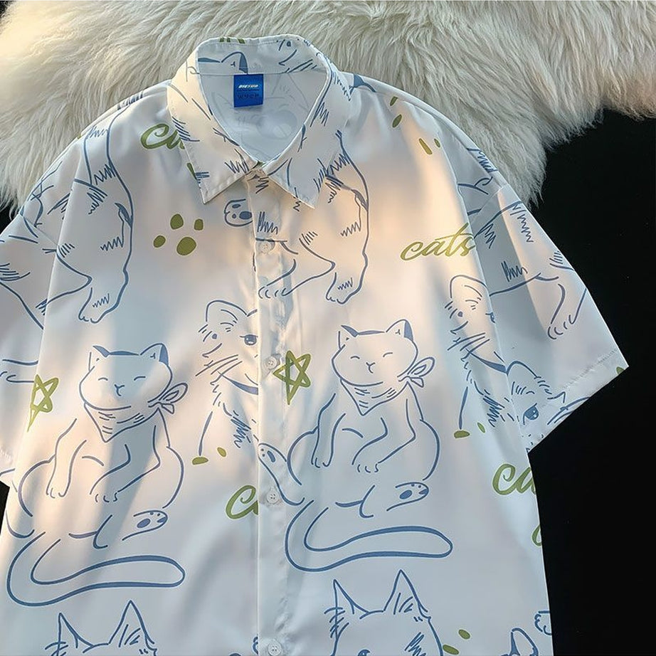 Y2k Fun Cartoon Cat Print Summer Shirt