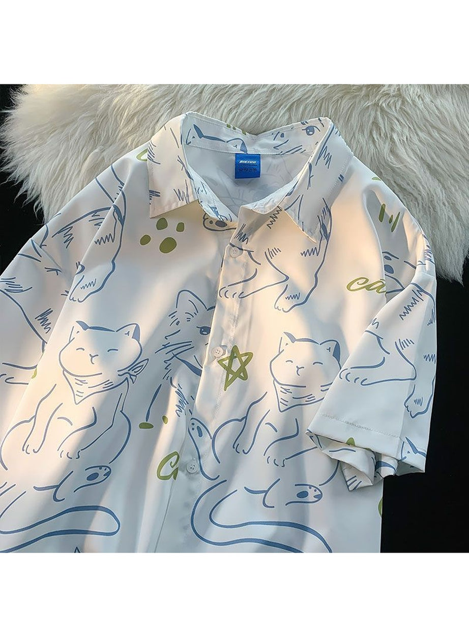 Y2k Fun Cartoon Cat Print Summer Shirt
