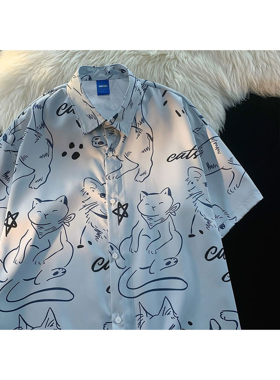 Y2k Fun Cartoon Cat Print Summer Shirt