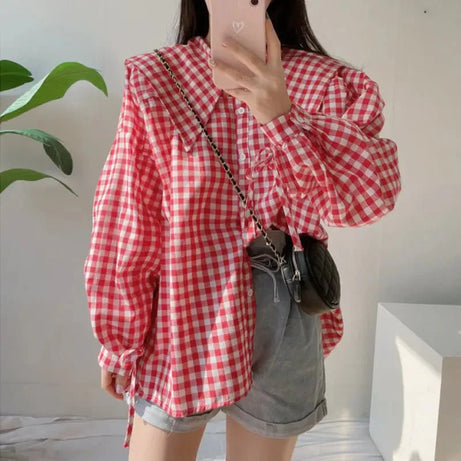 Gingham Charm Button - Up Blouse - Blouses