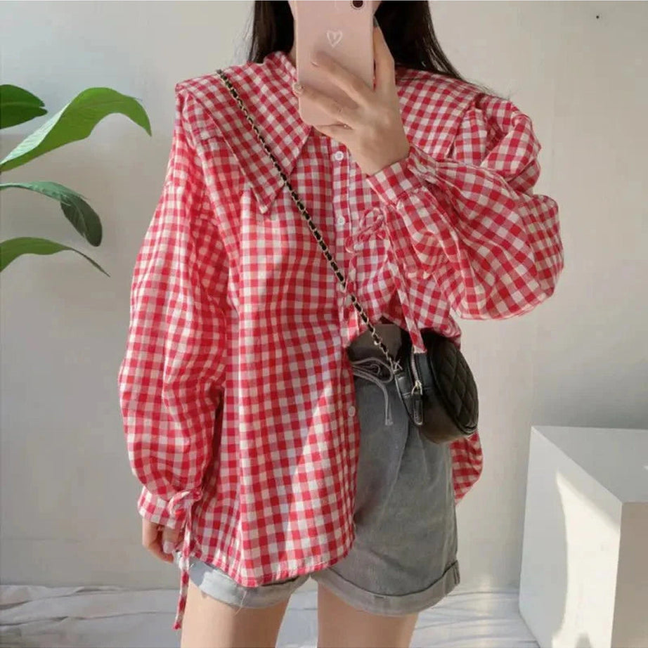 Y2k Gingham Charm Button-Up Blouse