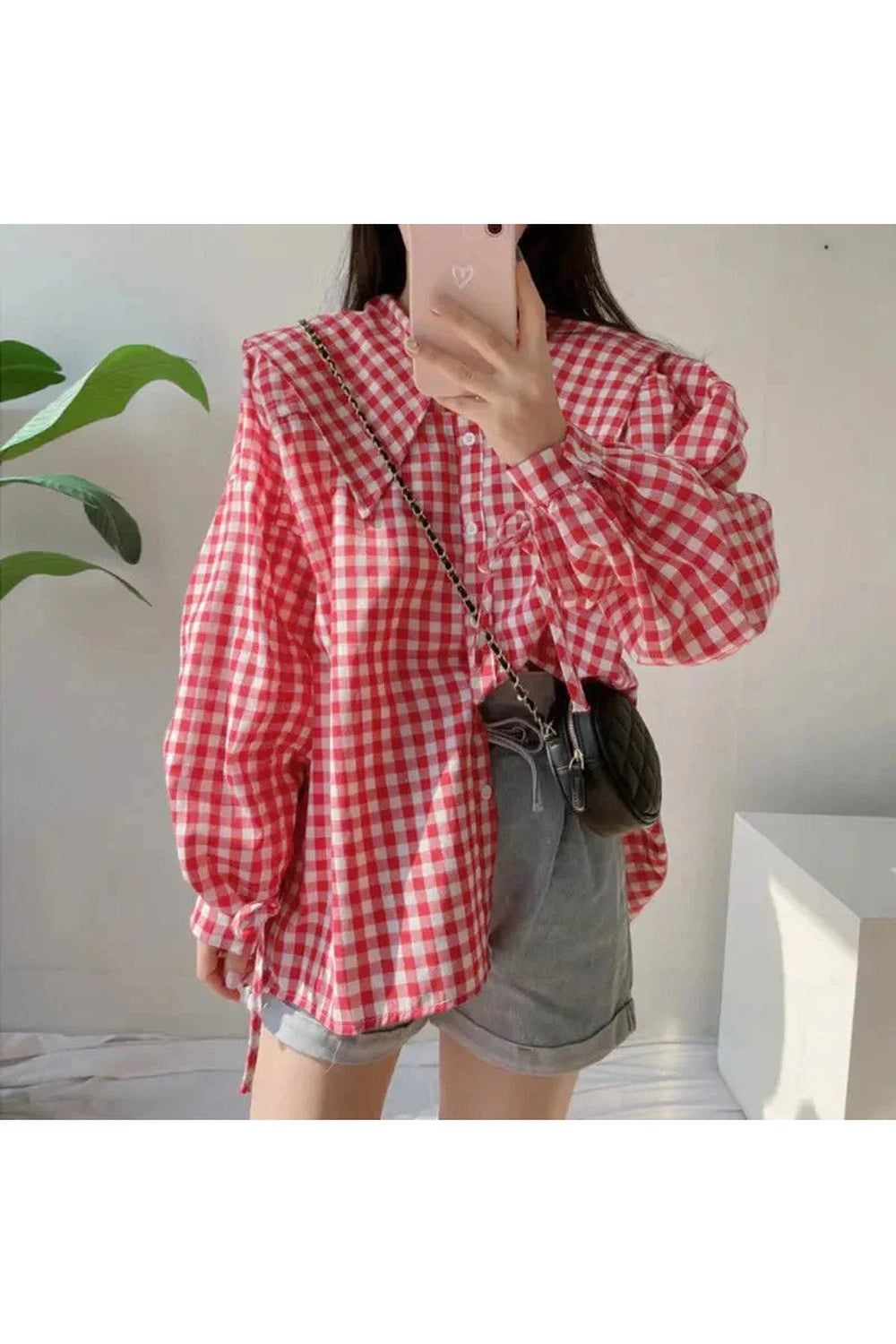 Y2k Gingham Charm Button-Up Blouse