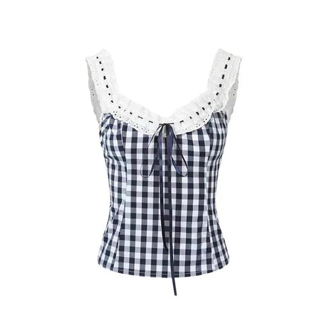 Gingham Lace - Up Ruffle Top - 