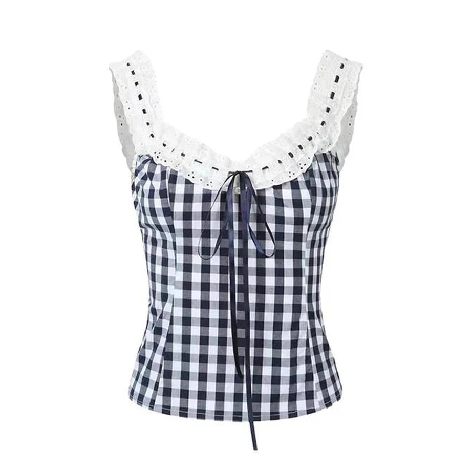 Y2k Gingham Lace-Up Ruffle Top