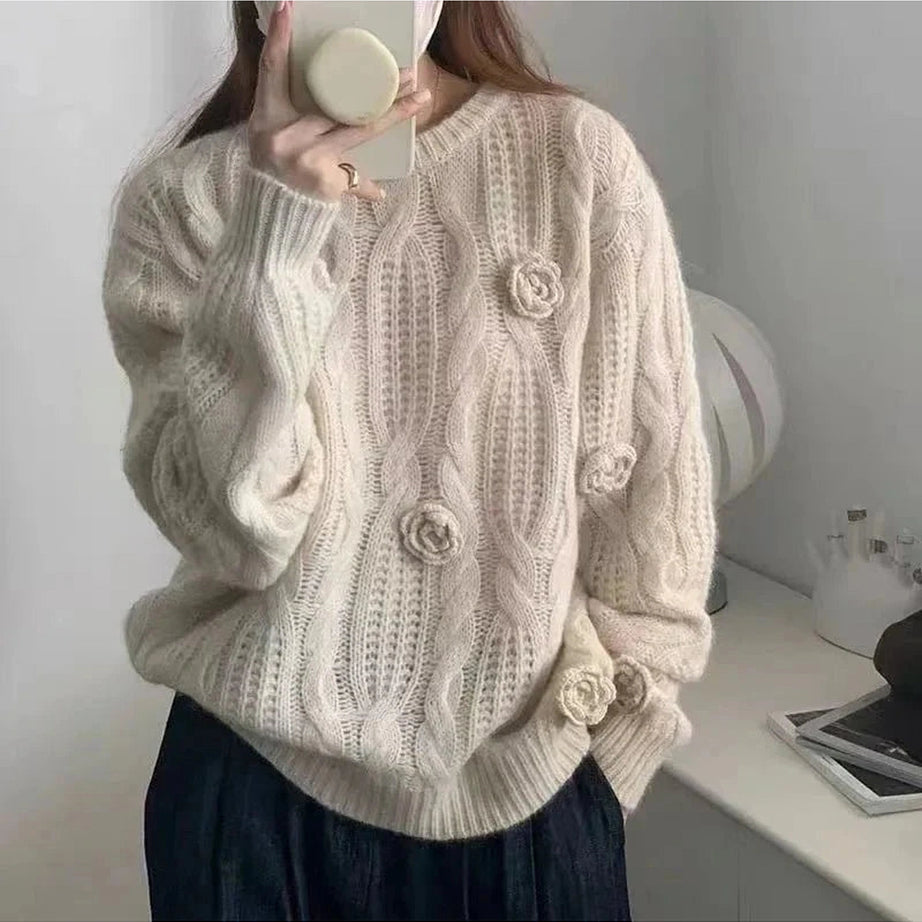 Y2k Golden Bloom Cable-Knit Sweater