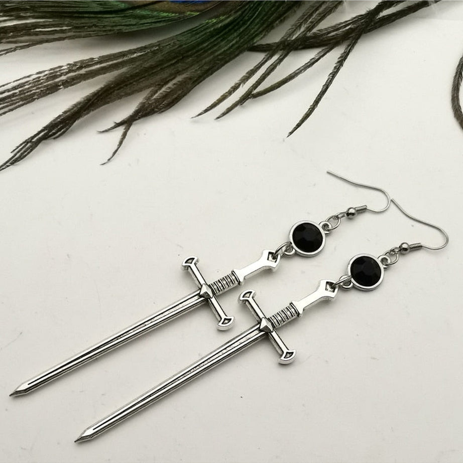 Y2k Goth Black Crystal Sword Earrings