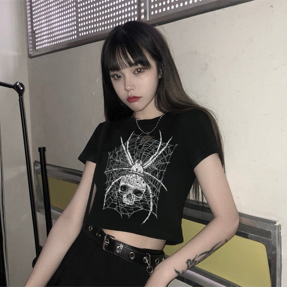 Y2k Goth Dark Punk Skull Print Crop Top