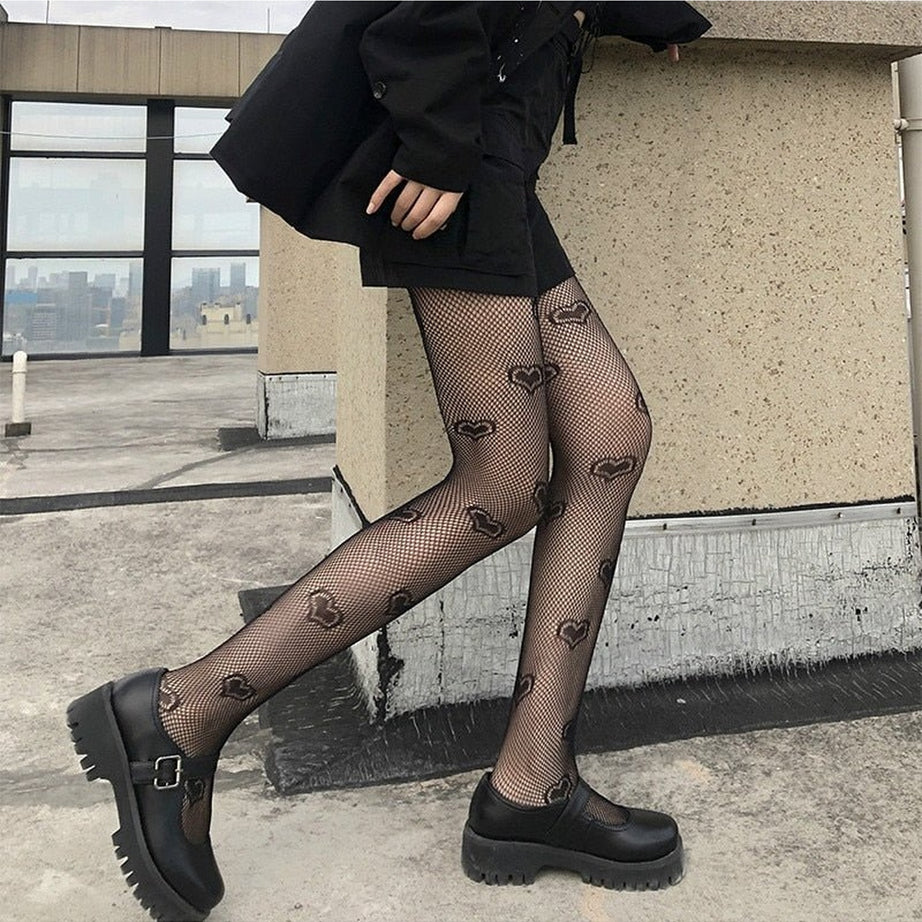 Y2k Goth Heart Pattern Tights Fishnet