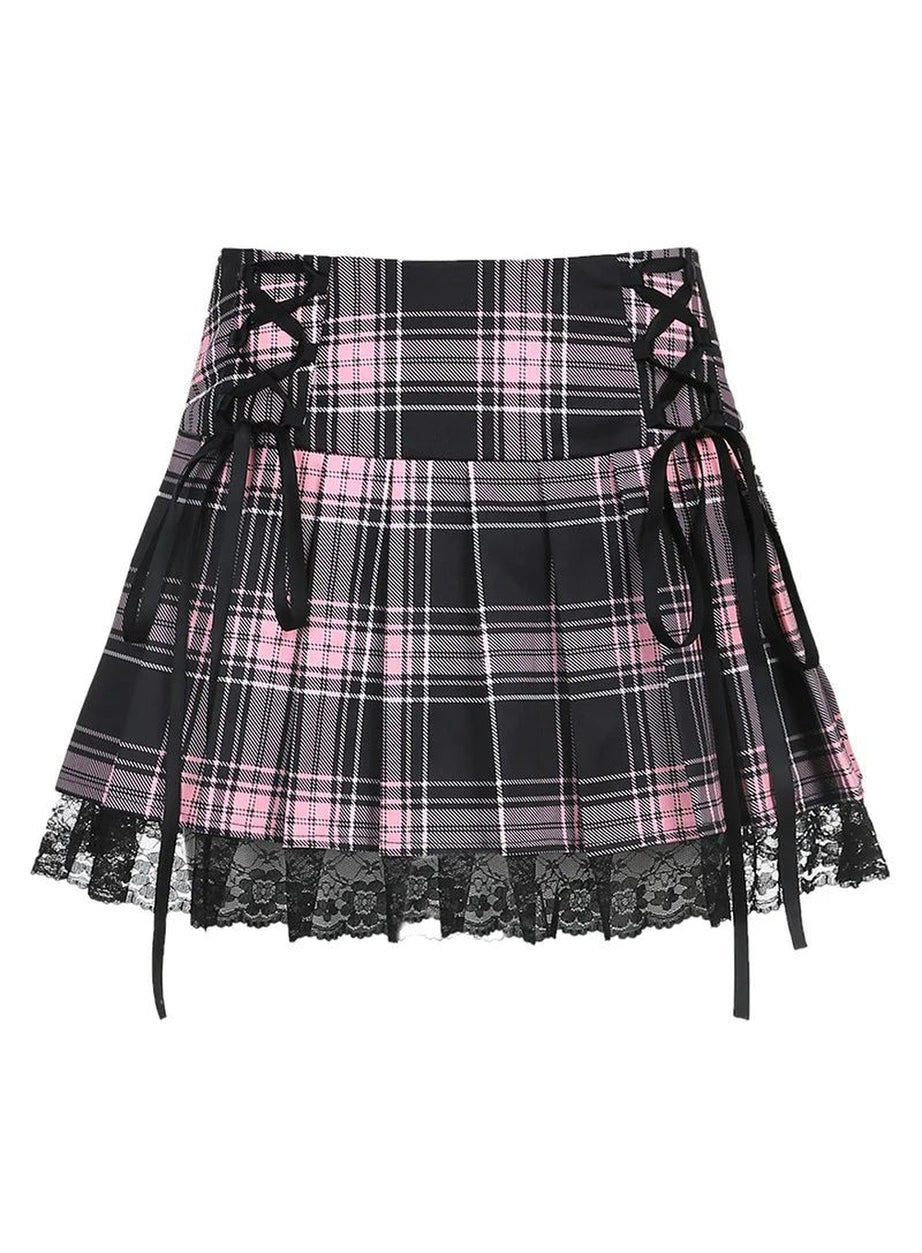 Y2k Goth Lace Trim Plaid Skirt