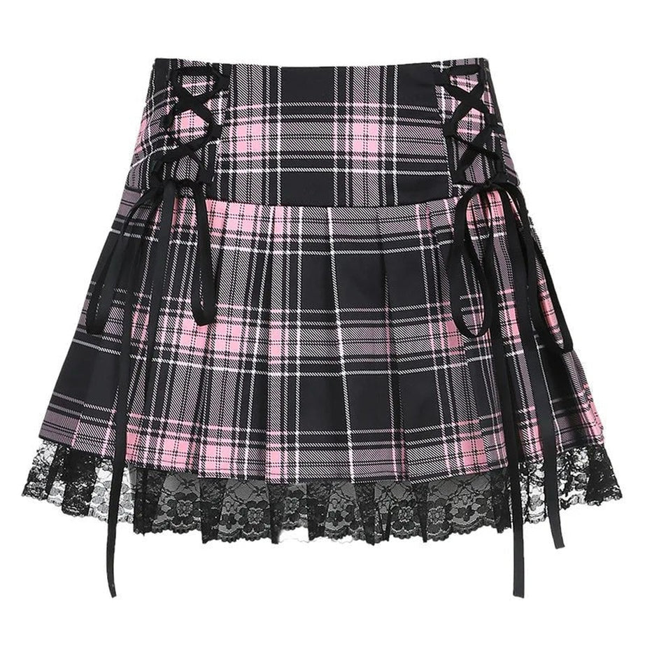 Y2k Goth Lace Trim Plaid Skirt