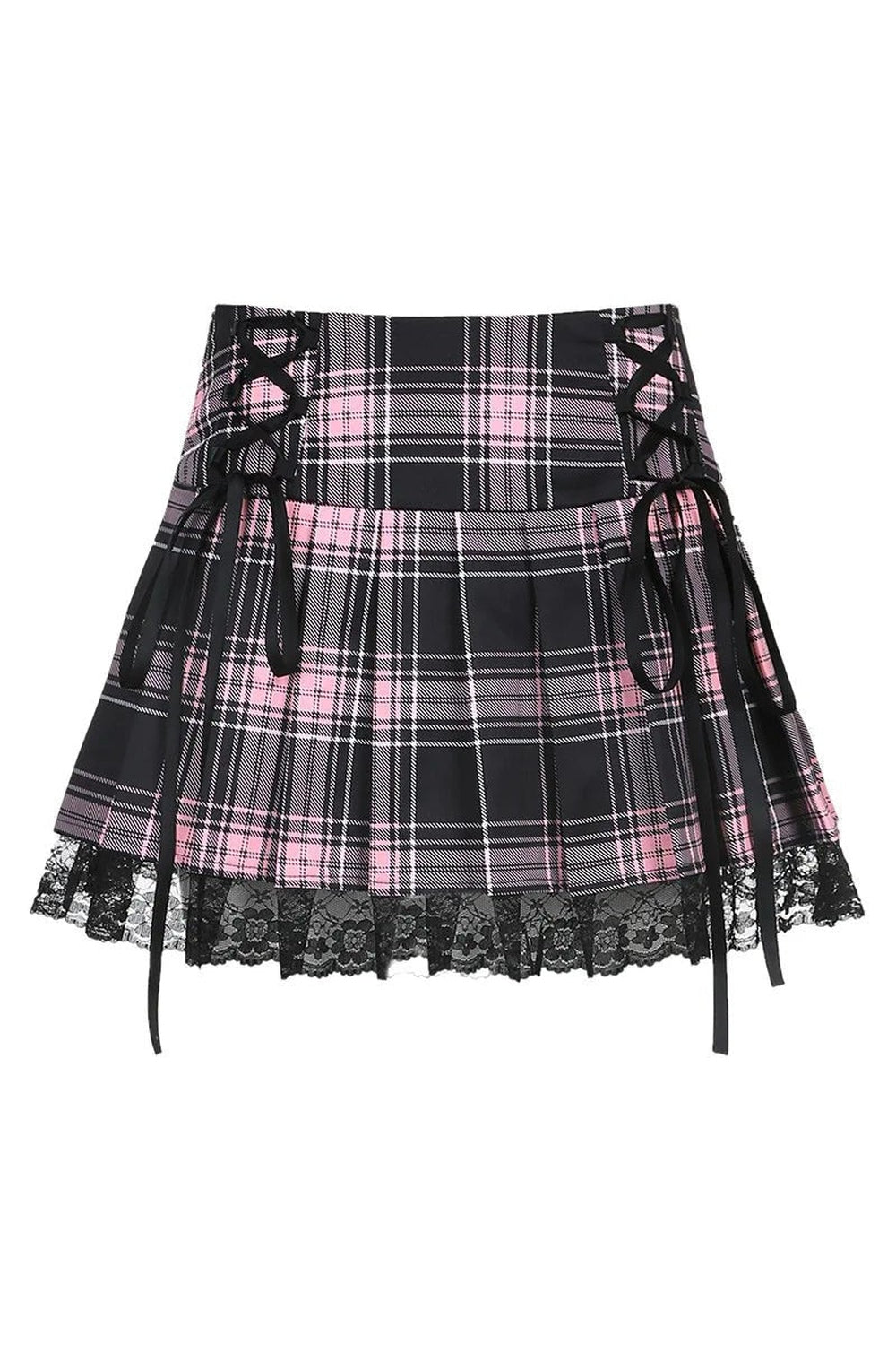 Y2k Goth Lace Trim Plaid Skirt