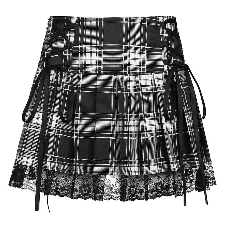 Y2k Goth Lace Trim Plaid Skirt