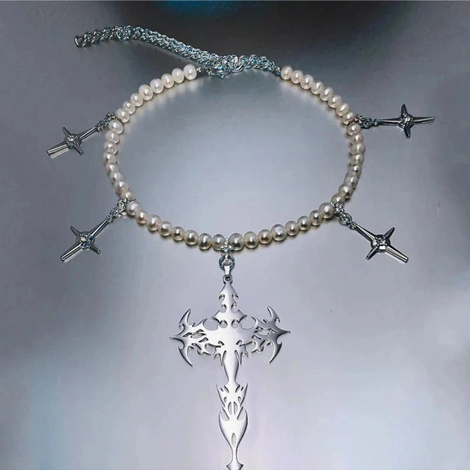 Y2k Goth Pearl Cross Necklace