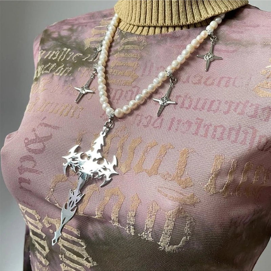 Y2k Goth Pearl Cross Necklace
