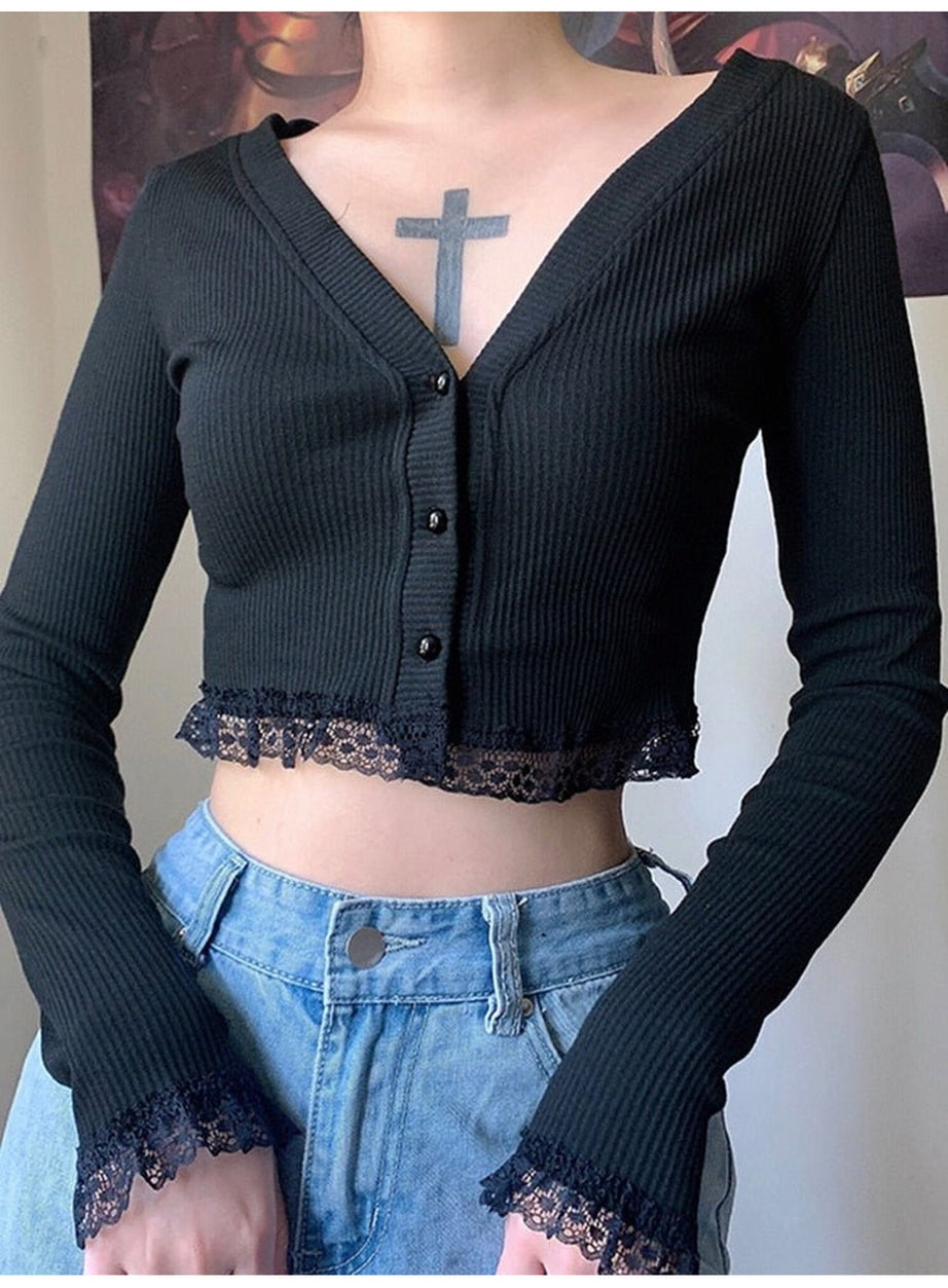 Y2k Gothic Black Lace Patchwork T-shirt