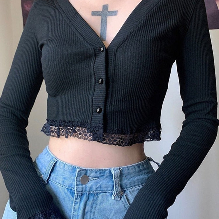 Y2k Gothic Black Lace Patchwork T-shirt