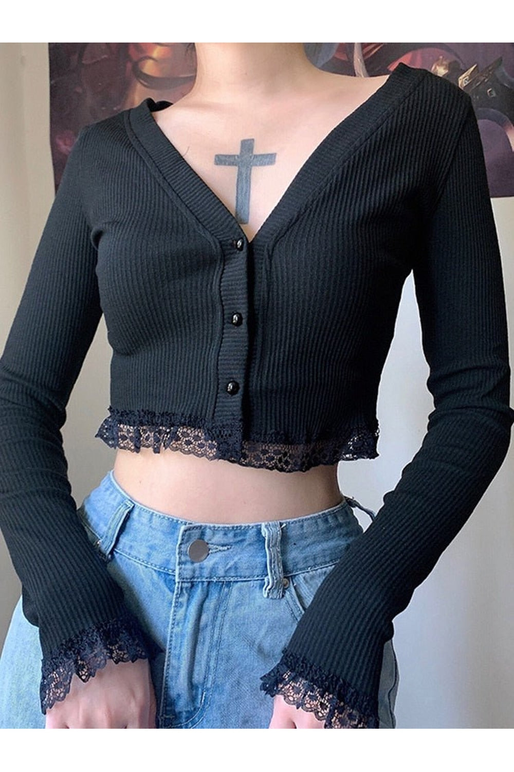 Y2k Gothic Black Lace Patchwork T-shirt