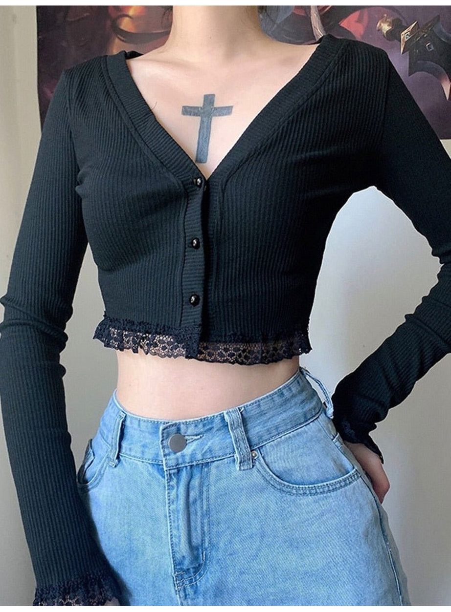 Y2k Gothic Black Lace Patchwork T-shirt