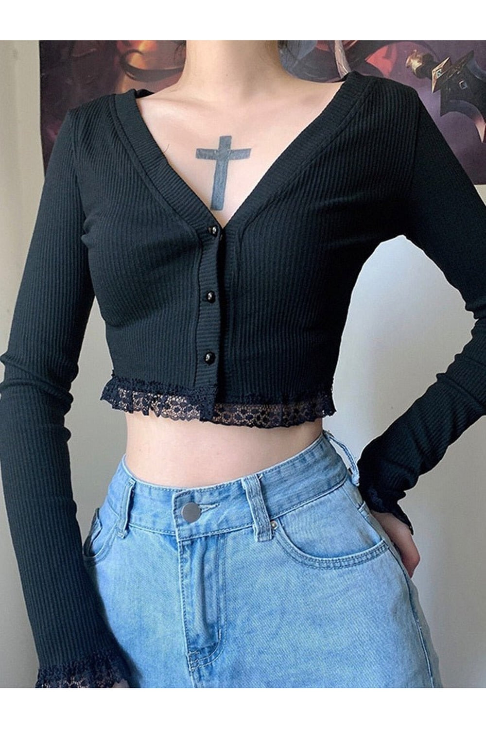 Y2k Gothic Black Lace Patchwork T-shirt