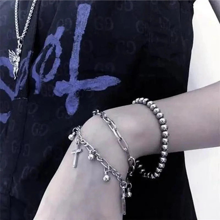 Y2k Gothic Cross Charm Layered Bracelet