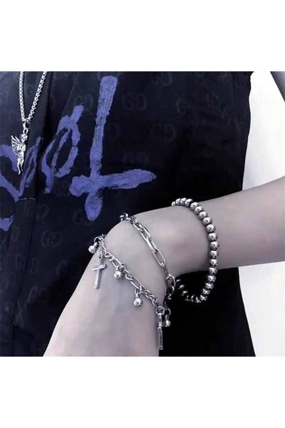 Y2k Gothic Cross Charm Layered Bracelet