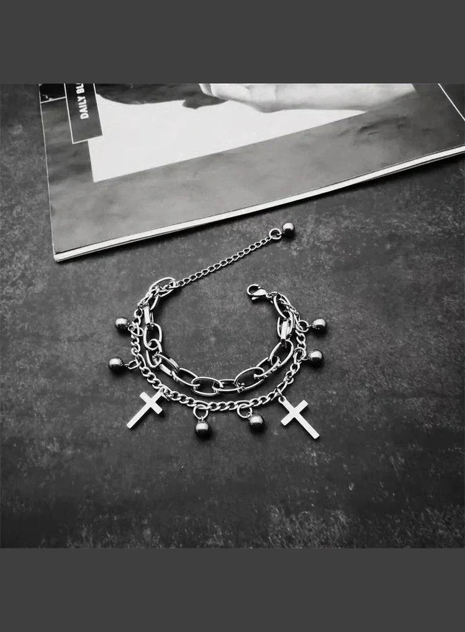 Y2k Gothic Cross Charm Layered Bracelet
