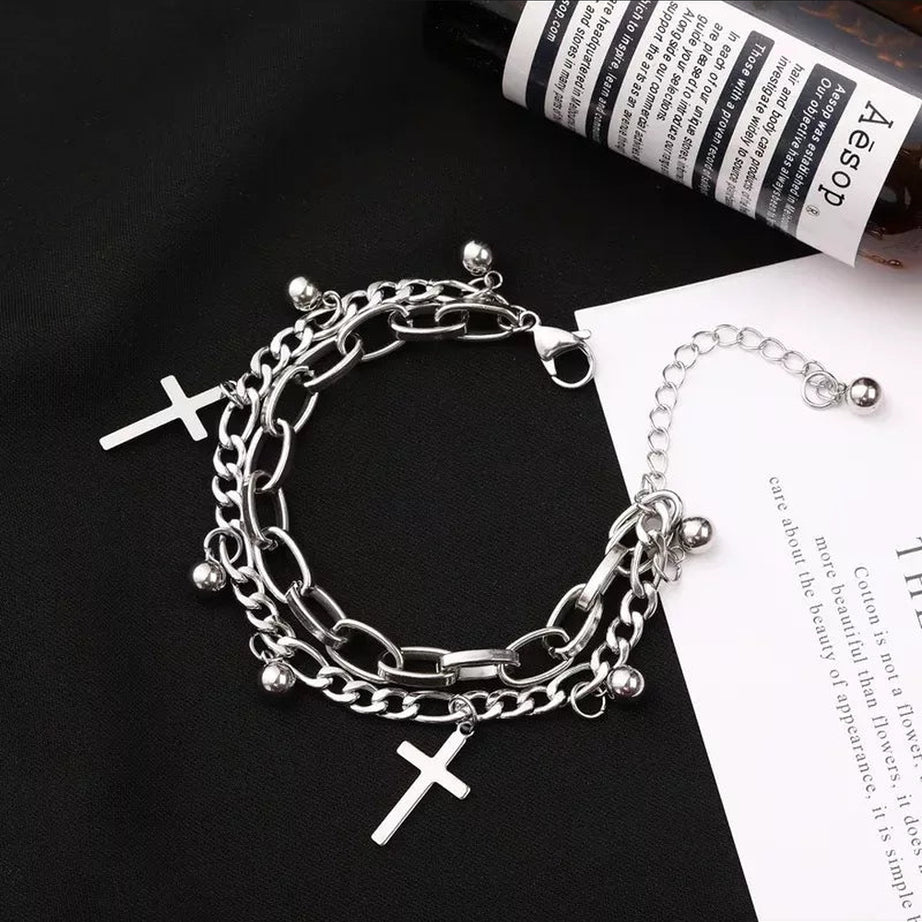 Y2k Gothic Cross Charm Layered Bracelet