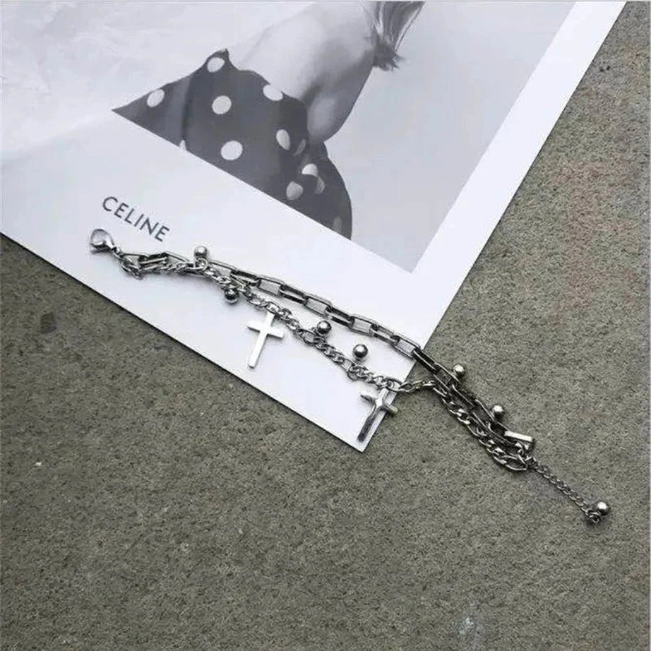 Y2k Gothic Cross Charm Layered Bracelet
