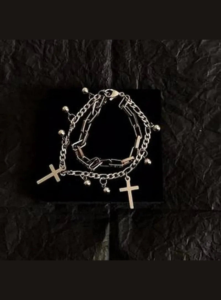 Y2k Gothic Cross Charm Layered Bracelet