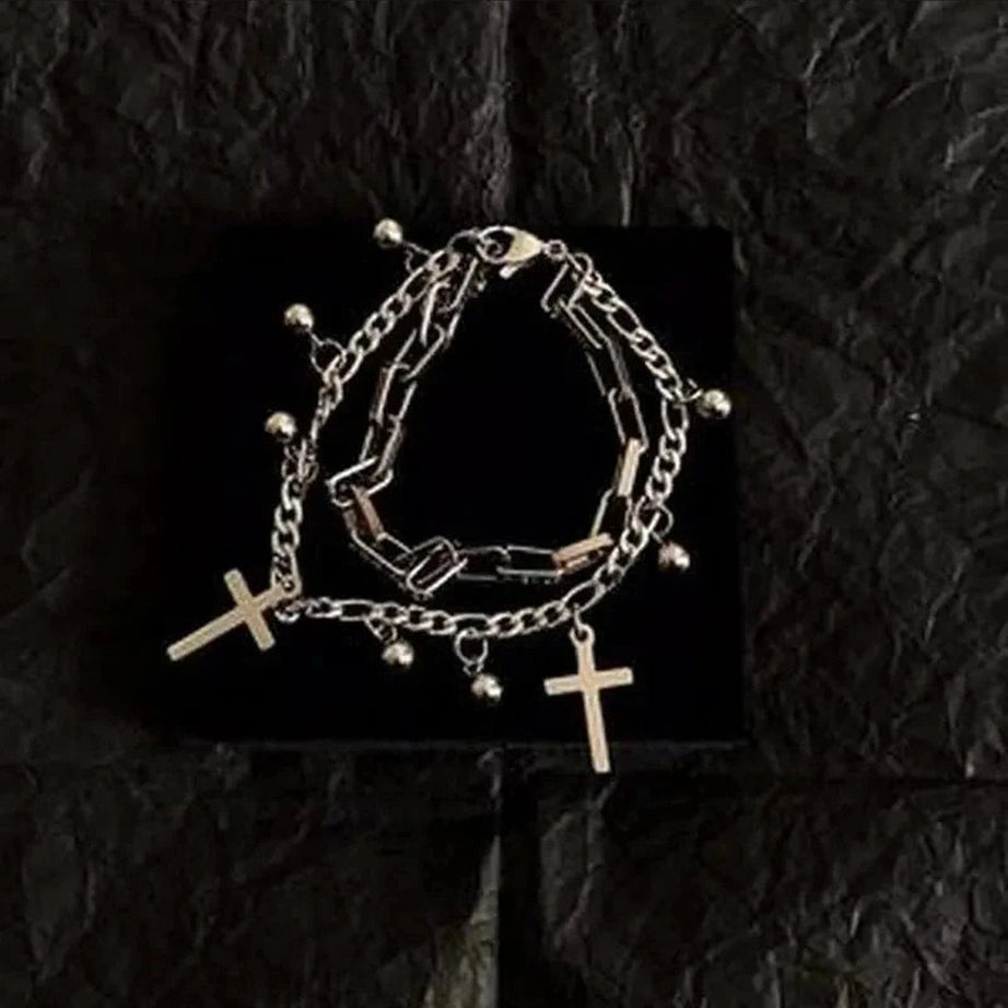 Y2k Gothic Cross Charm Layered Bracelet