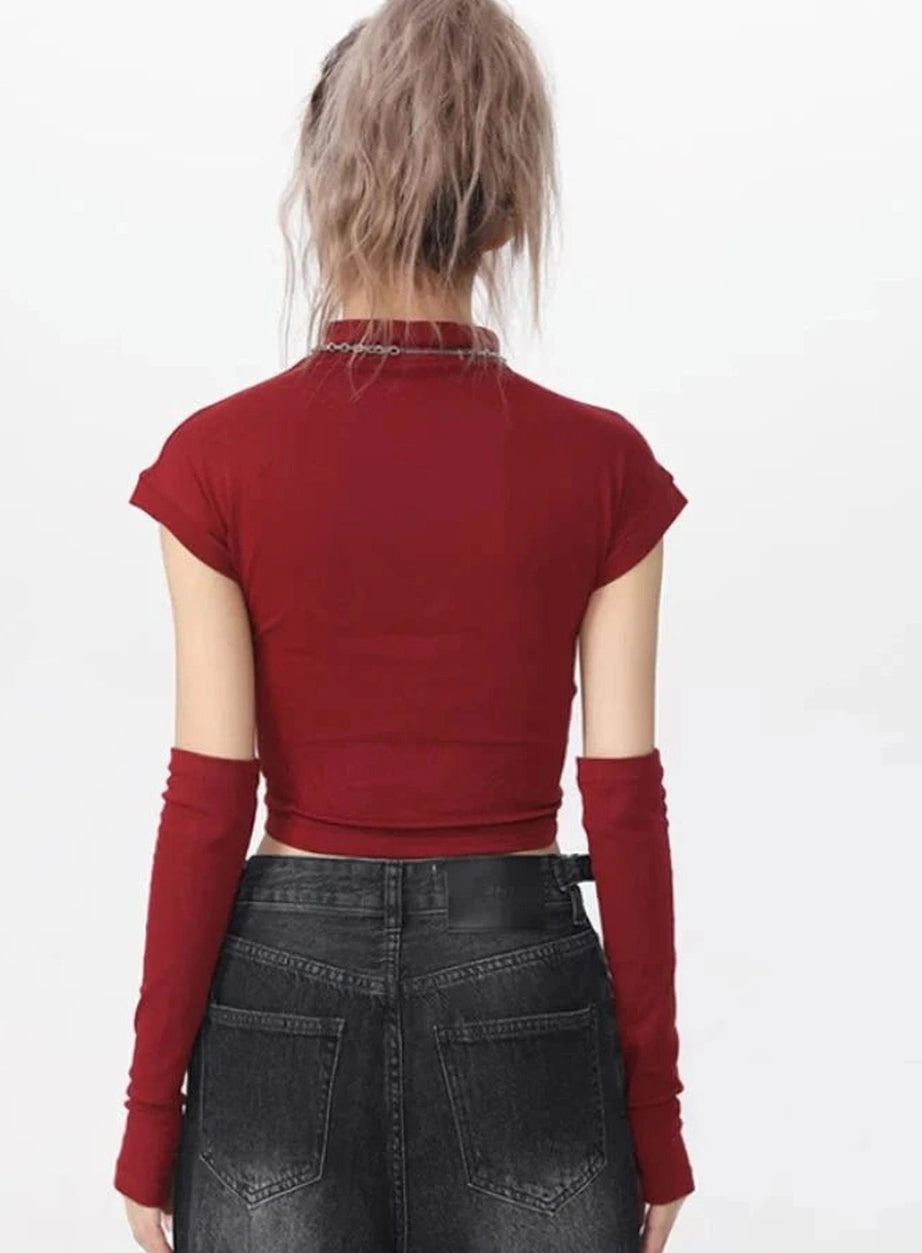 Y2k Gothic Graphic Mock Neck Crop Top