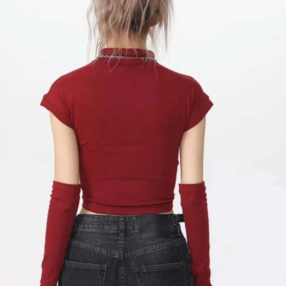 Y2k Gothic Graphic Mock Neck Crop Top