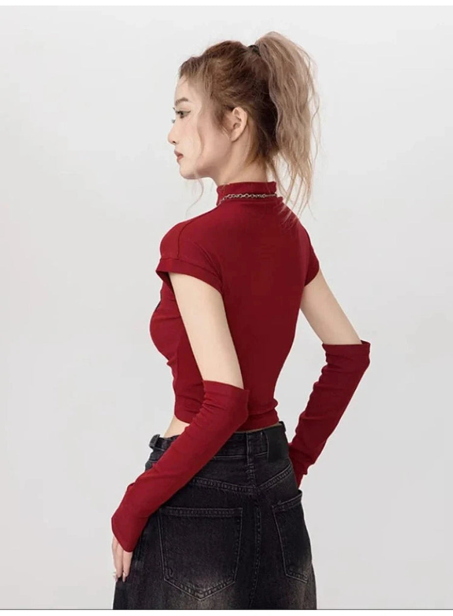 Y2k Gothic Graphic Mock Neck Crop Top