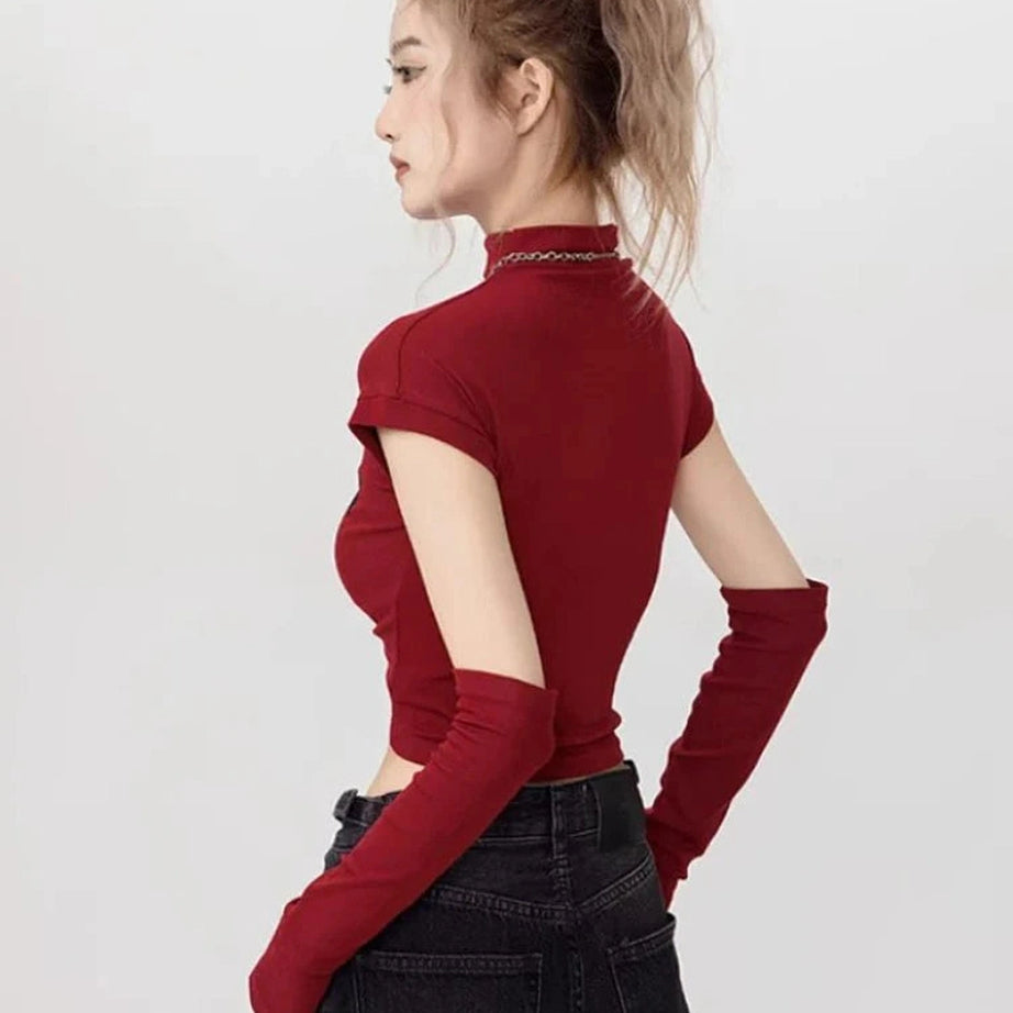 Y2k Gothic Graphic Mock Neck Crop Top