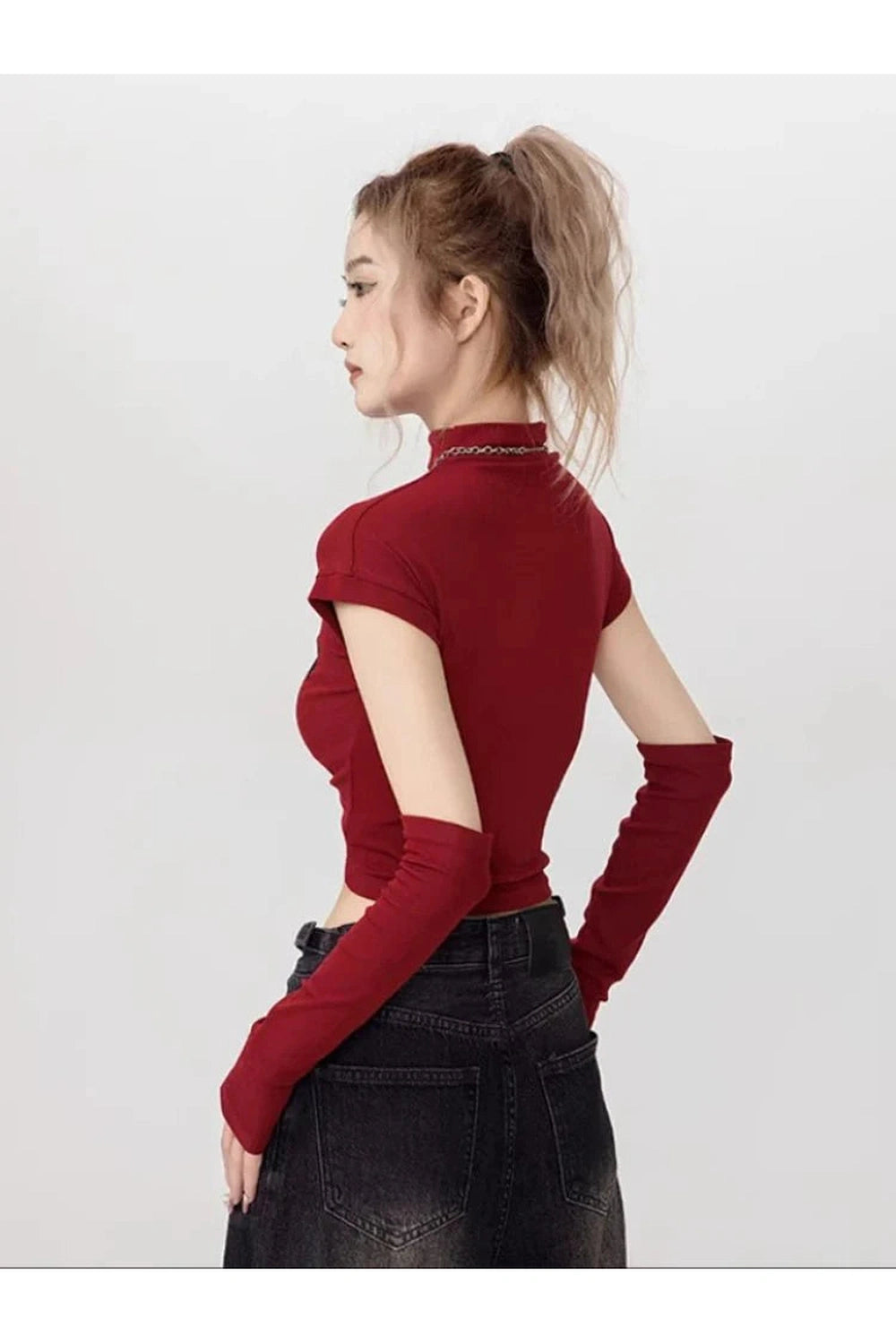 Y2k Gothic Graphic Mock Neck Crop Top