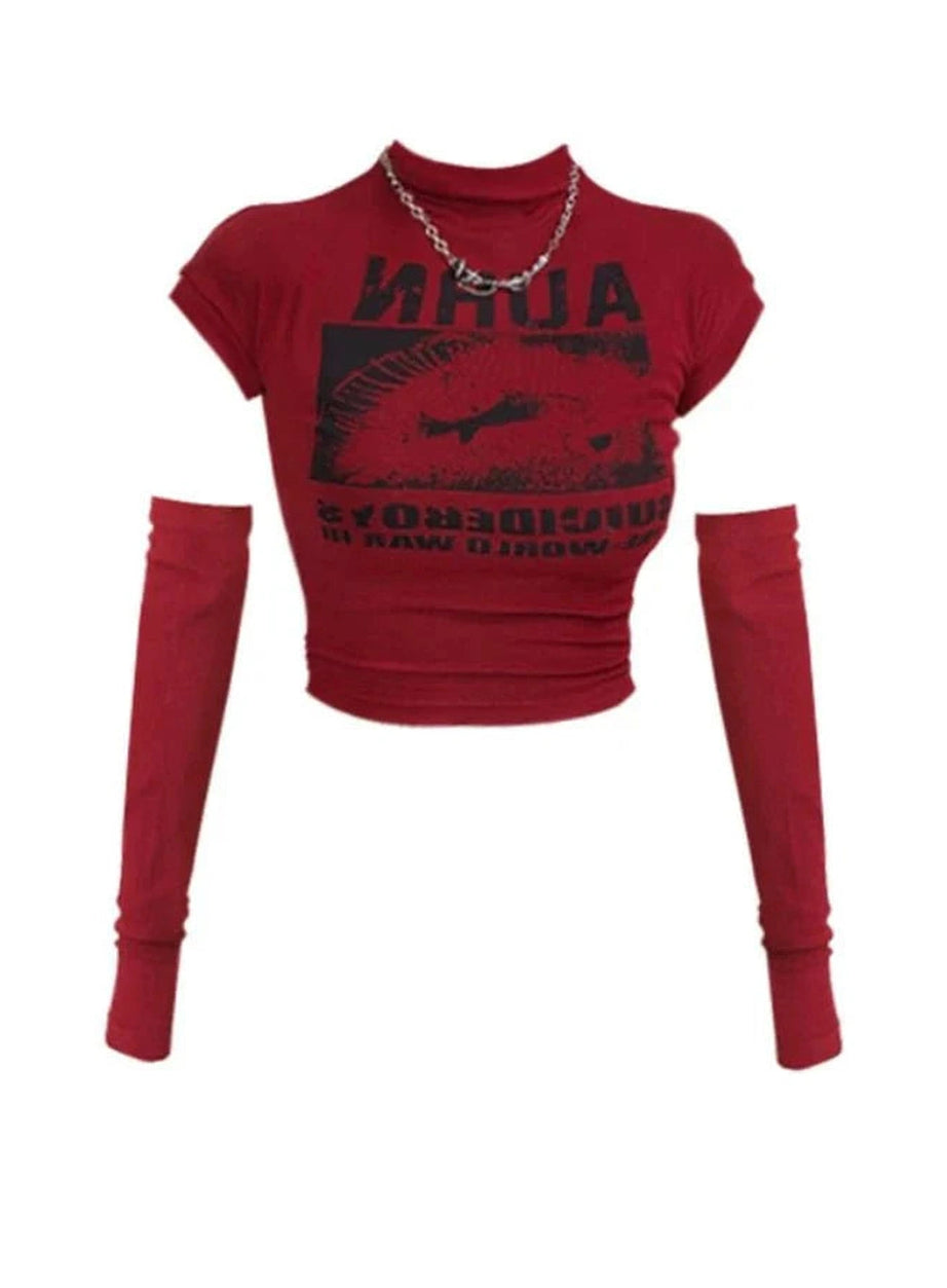 Y2k Gothic Graphic Mock Neck Crop Top