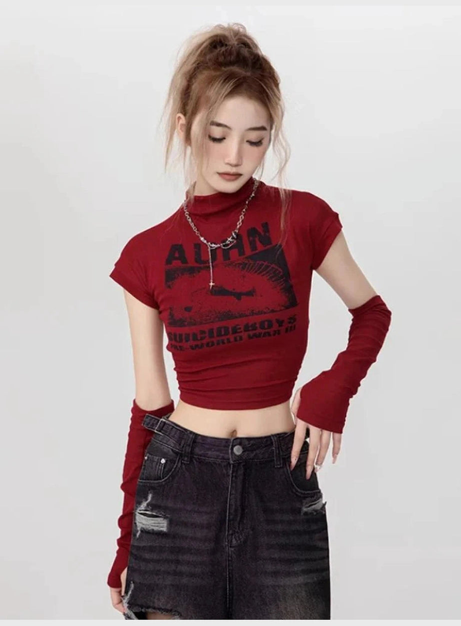 Y2k Gothic Graphic Mock Neck Crop Top