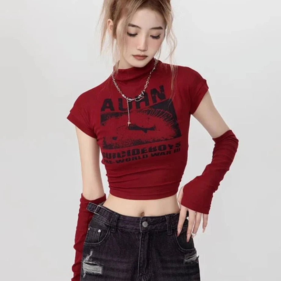 Y2k Gothic Graphic Mock Neck Crop Top